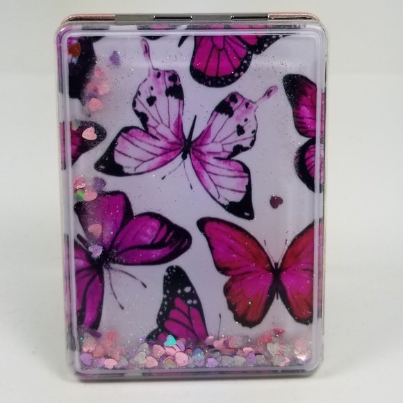Butterfly snow glove affect floating glitter and hearts mirror compact. - Picture 1 of 6